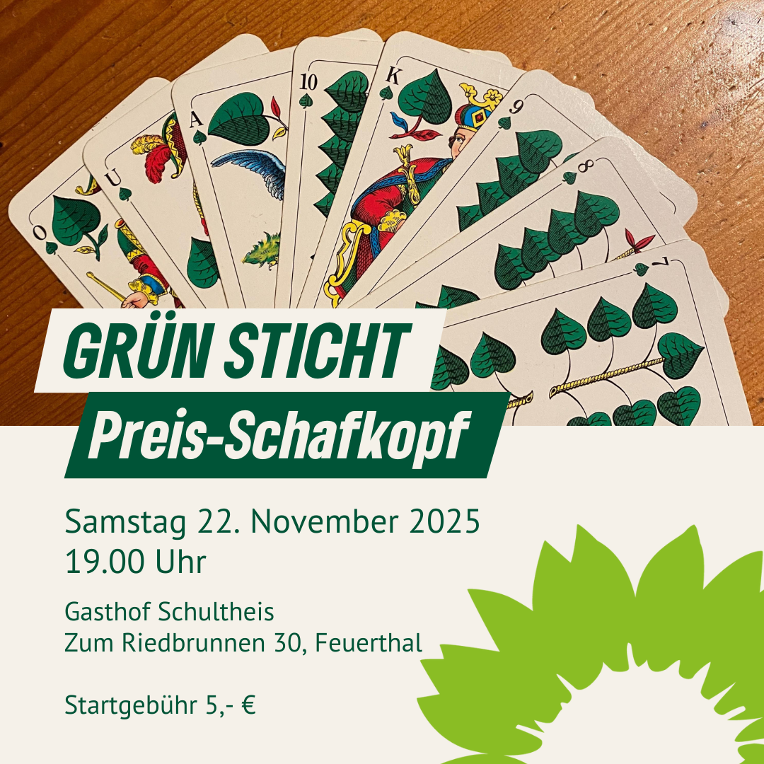 Bild mit grünen Schafkopfkarten. Gleichzeitig auch Termin und Ort des Schafkopfturniers.