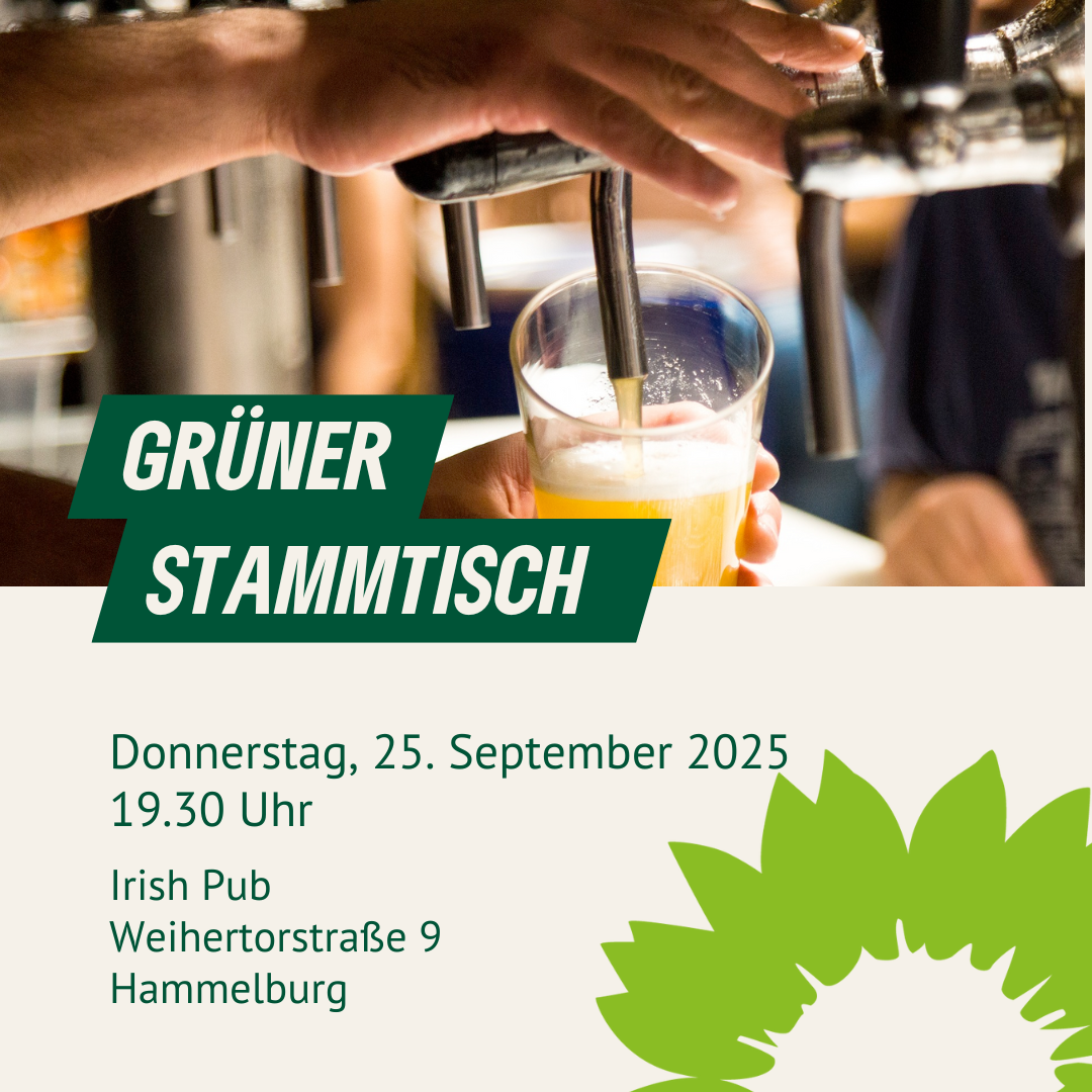 Sharepic mit gezapftem Bier, Datum und Ort des Stammtisches