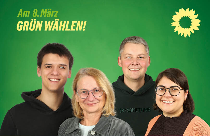 Das Bild zeigt das Deckblatt des Flyers. Darauf zu sehen sind die 4 ersten Kandidierenden: Elisabeth Assmann, Fabian Hamák, Christina Lömmer und Jakob Steinel