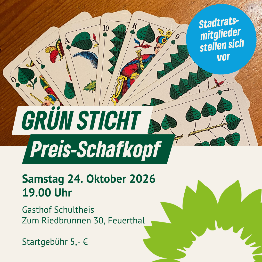 Schafkopfkarten mit GRÜN. Außerdem die Eckdaten der Veranstaltung als SharePic.
